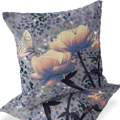 Set of Two 16" X 16" Gray and Yellow Butterfly Blown Seam Floral Indoor Outdoor Throw Pillow