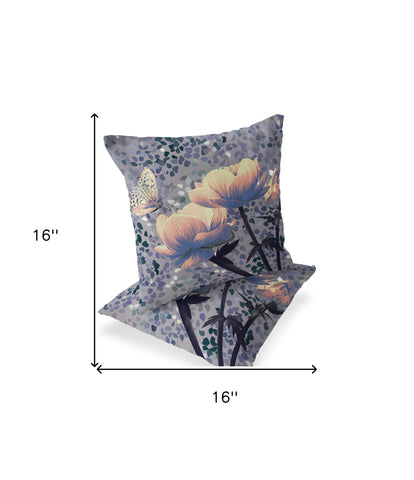 Set of Two 16" X 16" Gray and Yellow Butterfly Blown Seam Floral Indoor Outdoor Throw Pillow