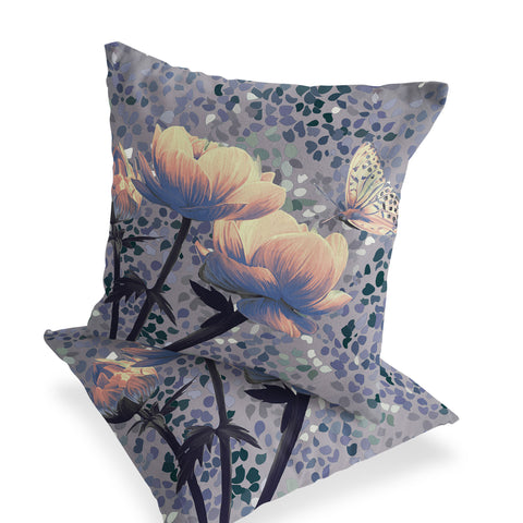 Set of Two 16" X 16" Gray and Yellow Butterfly Blown Seam Floral Indoor Outdoor Throw Pillow