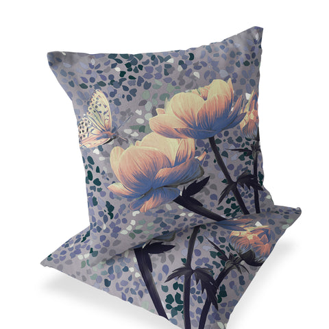 Set of Two 16" X 16" Gray and Yellow Butterfly Blown Seam Floral Indoor Outdoor Throw Pillow