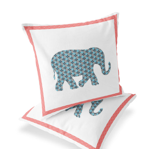 Set of Two 16" X 16" Blue and White Elephant Blown Seam Animal Print Indoor Outdoor Throw Pillow