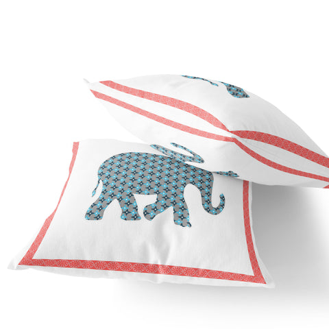 Set of Two 16" X 16" Blue and White Elephant Blown Seam Animal Print Indoor Outdoor Throw Pillow