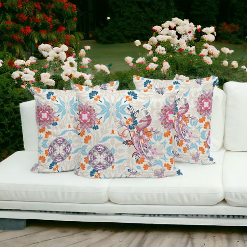 Set of Three 16" X 16" Blue and Off White Peacock Blown Seam Eclectic Indoor Outdoor Throw Pillow