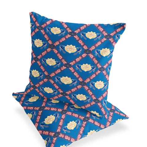 Set of Two 16" X 16" Blue and Pink Peacock Blown Seam Floral Indoor Outdoor Throw Pillow