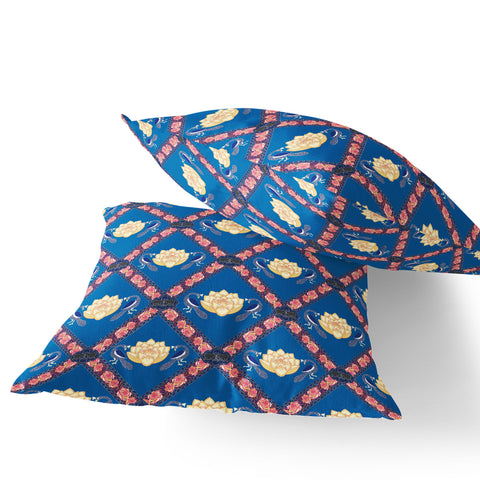 Set of Two 16" X 16" Blue and Pink Peacock Blown Seam Floral Indoor Outdoor Throw Pillow