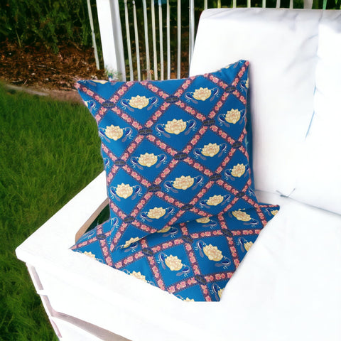 Set of Two 16" X 16" Blue and Pink Peacock Blown Seam Floral Indoor Outdoor Throw Pillow