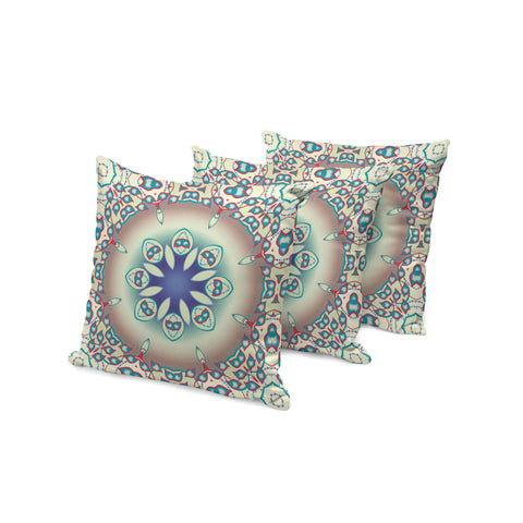 Set of Three 16" X 16" Beige and Blue Abstract Indoor Outdoor Throw Pillow