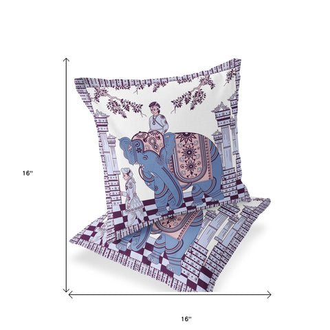 Set of Two 16" X 16" Blue and Purple Elephant Blown Seam Floral Indoor Outdoor Throw Pillow