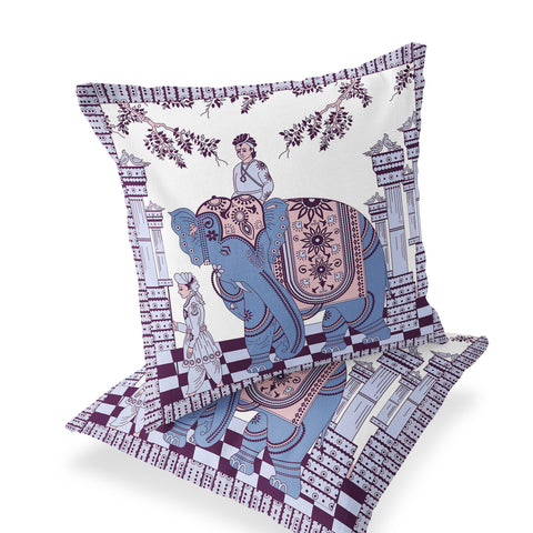 Set of Two 16" X 16" Blue and Purple Elephant Blown Seam Floral Indoor Outdoor Throw Pillow