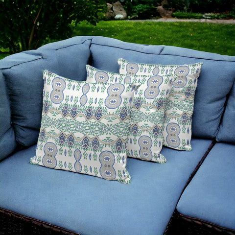 Set of Three 16" X 16" Beige and Green Blown Seam Paisley Indoor Outdoor Throw Pillow