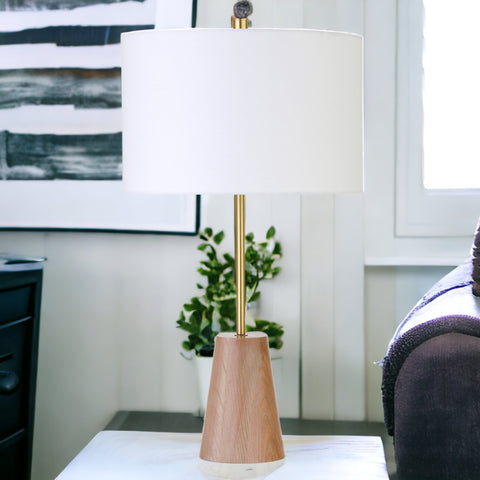 26" Gold and Brown Metal Table Lamp With White Drum Shade