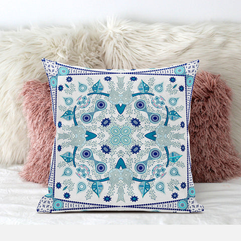 28" x 28" Blue and White Blown Seam Paisley Indoor Outdoor Throw Pillow