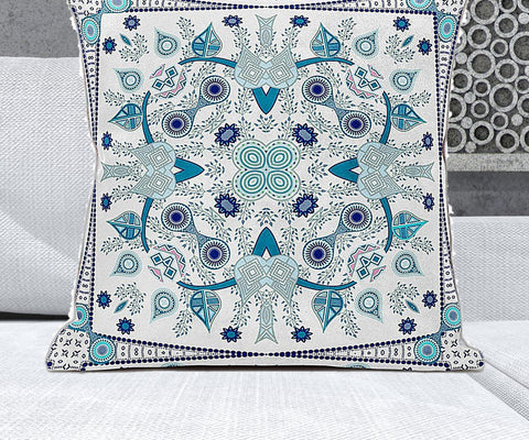 28" x 28" Blue and White Blown Seam Paisley Indoor Outdoor Throw Pillow