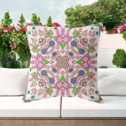 20" X 20" Pink and Green Blown Seam Paisley Indoor Outdoor Throw Pillow