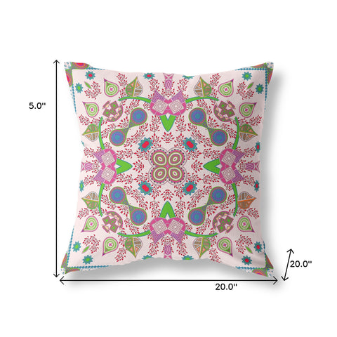 20" X 20" Pink and Green Blown Seam Paisley Indoor Outdoor Throw Pillow