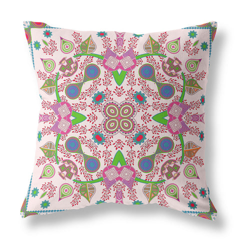 20" X 20" Pink and Green Blown Seam Paisley Indoor Outdoor Throw Pillow