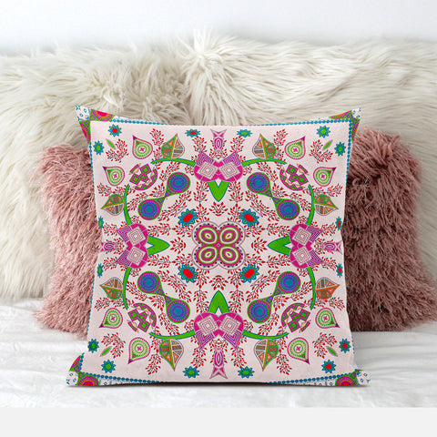 20" X 20" Pink and Green Blown Seam Paisley Indoor Outdoor Throw Pillow