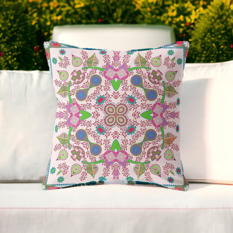 28" X 28" Pink and Green Blown Seam Paisley Indoor Outdoor Throw Pillow