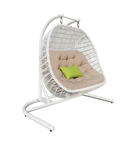 69" Beige And White Metal Swing Chair With Beige Cushion