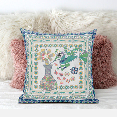 26" x 26" Cream Peacock Blown Seam Floral Indoor Outdoor Throw Pillow