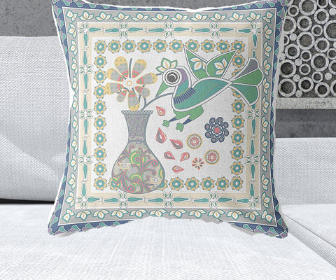 26" x 26" Cream Peacock Blown Seam Floral Indoor Outdoor Throw Pillow