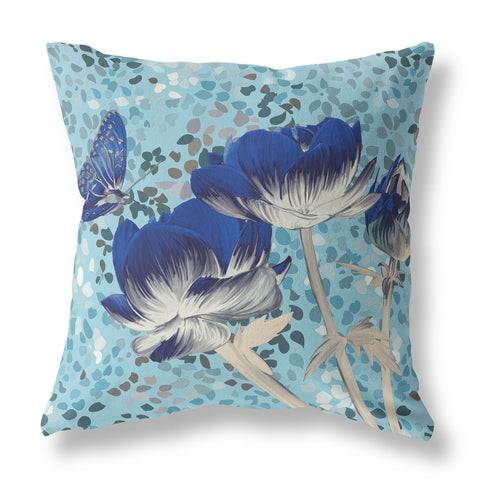 18" x 18" Blue Butterfly Blown Seam Floral Indoor Outdoor Throw Pillow