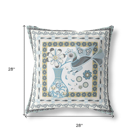 28" X 28" Blue and White Peacock Blown Seam Floral Indoor Outdoor Throw Pillow