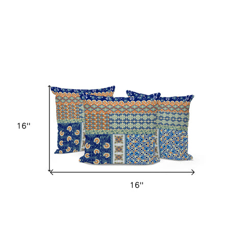 Set of Three 16" X 16" Blue and Orange Botanical Indoor Outdoor Throw Pillow