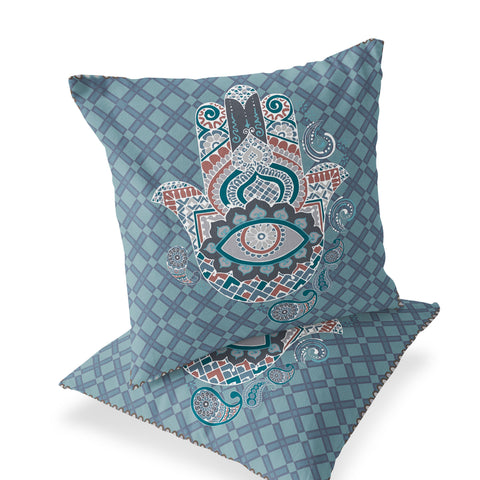 Set of Two 16" X 16" Blue and White Blown Seam Hamsa Indoor Outdoor Throw Pillow