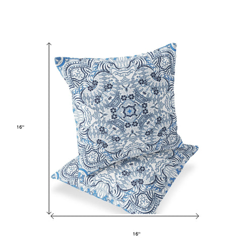 Set of Two 16" X 16" Blue and White Geometric Indoor Outdoor Throw Pillow