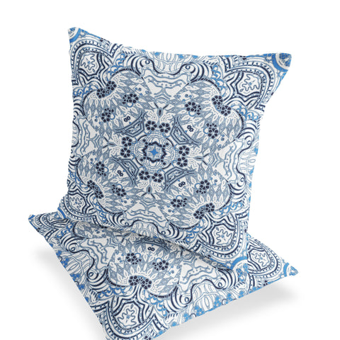 Set of Two 16" X 16" Blue and White Geometric Indoor Outdoor Throw Pillow