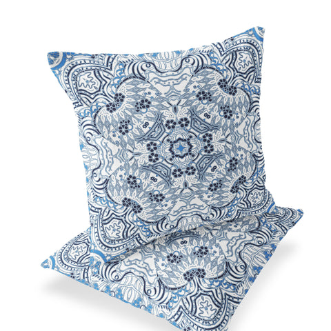 Set of Two 16" X 16" Blue and White Geometric Indoor Outdoor Throw Pillow