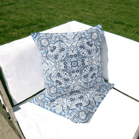 Set of Two 16" X 16" Blue and White Geometric Indoor Outdoor Throw Pillow