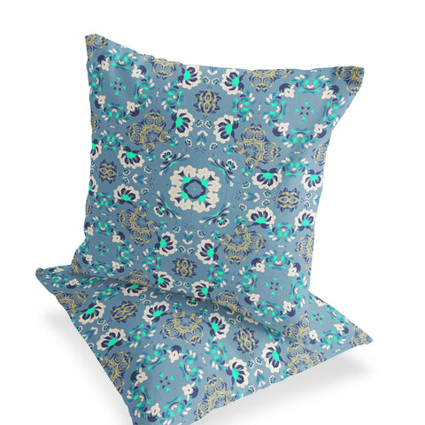 Set of Two 16" X 16" Blue and Green Blown Seam Floral Indoor Outdoor Throw Pillow