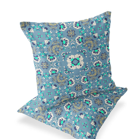 Set of Two 16" X 16" Blue and Green Blown Seam Floral Indoor Outdoor Throw Pillow