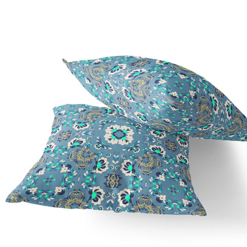 Set of Two 16" X 16" Blue and Green Blown Seam Floral Indoor Outdoor Throw Pillow