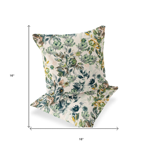 Set of Two 16" X 16" Green and White Blown Seam Floral Indoor Outdoor Throw Pillow