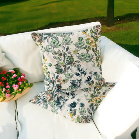 Set of Two 16" X 16" Green and White Blown Seam Floral Indoor Outdoor Throw Pillow