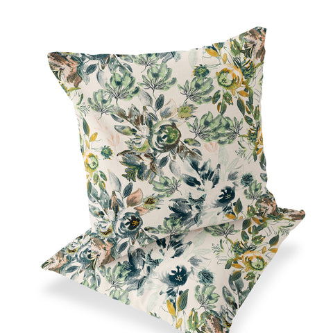 Set of Two 16" X 16" Green and White Blown Seam Floral Indoor Outdoor Throw Pillow