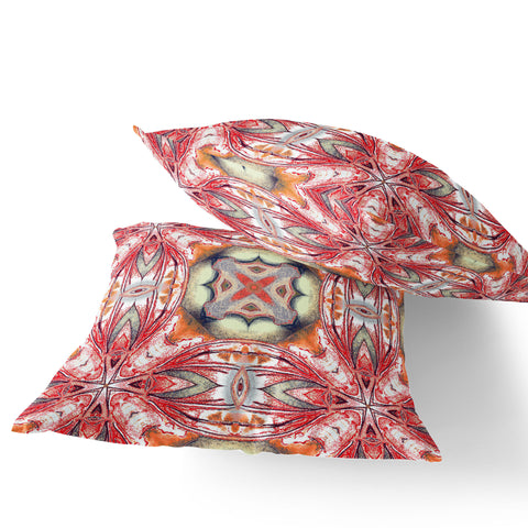 Set of Two 16" X 16" Green and Red Blown Seam Floral Indoor Outdoor Throw Pillow