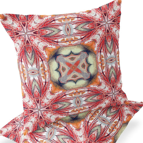 Set of Two 16" X 16" Green and Red Blown Seam Floral Indoor Outdoor Throw Pillow