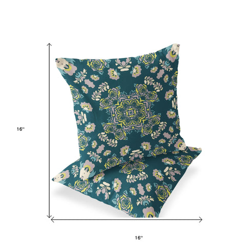 Set of Two 16" X 16" Green and Yellow Blown Seam Floral Indoor Outdoor Throw Pillow