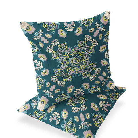 Set of Two 16" X 16" Green and Yellow Blown Seam Floral Indoor Outdoor Throw Pillow