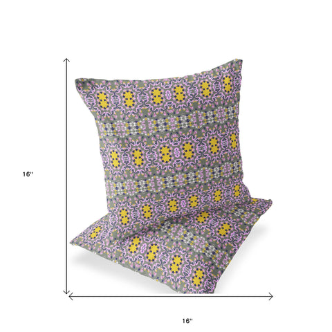 Set of Two 16" X 16" Purple and White Blown Seam Floral Indoor Outdoor Throw Pillow