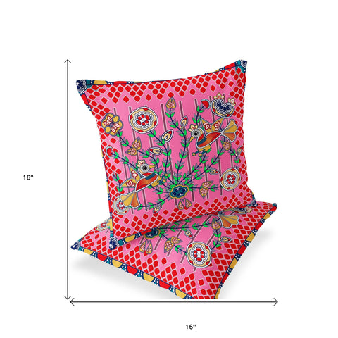 Set of Two 16" X 16" Red and Pink Peacock Blown Seam Floral Indoor Outdoor Throw Pillow