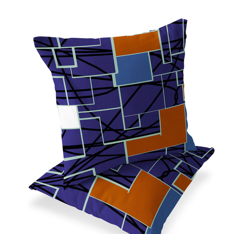 Set of Two 16" X 16" Blue and Green Geometric Indoor Outdoor Throw Pillow