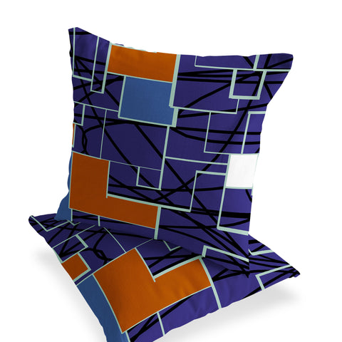 Set of Two 16" X 16" Blue and Green Geometric Indoor Outdoor Throw Pillow