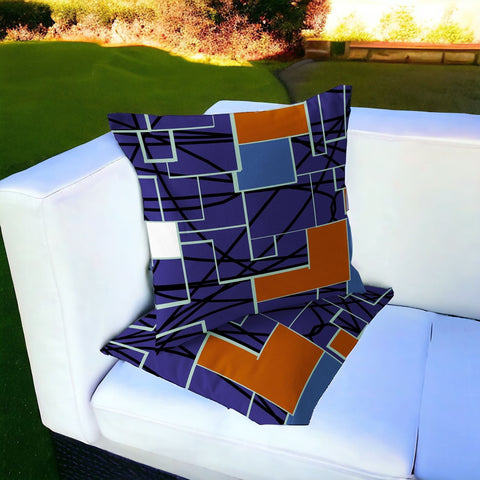 Set of Two 16" X 16" Blue and Green Geometric Indoor Outdoor Throw Pillow