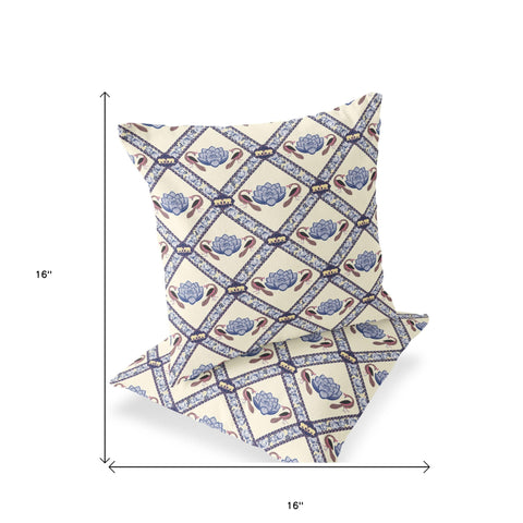 Set of Two 16" X 16" Blue and Brown Peacock Blown Seam Floral Indoor Outdoor Throw Pillow