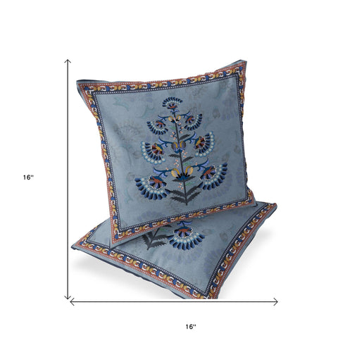 Set of Two 16" X 16" Blue and Gray Botanical Indoor Outdoor Throw Pillow